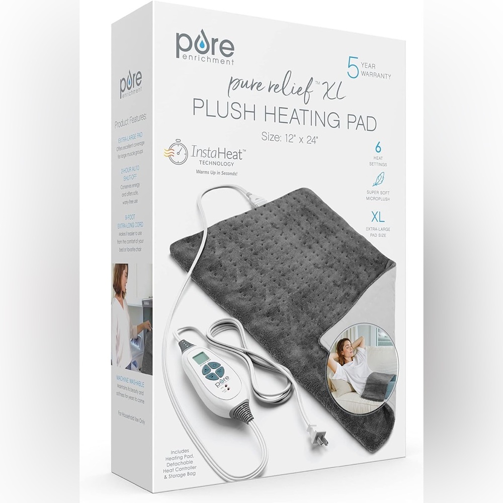 PureRelief XL 12" x 24" Electric Heating Pad 6 Heat Settings - New with …